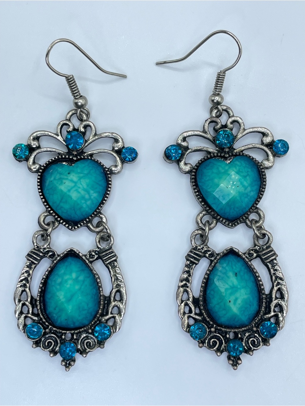 Turquoise Blue Acrylic Heart Dangle Earrings Silver Tone Boho Western Rhinestone